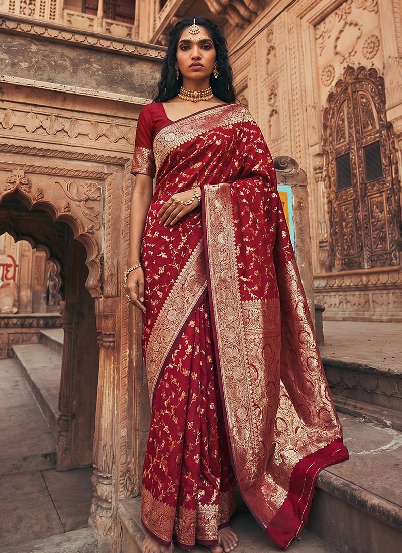 Maroon banarasi silk saree with gold zari floral meenakari work