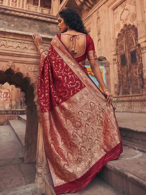 Maroon banarasi silk saree with gold zari floral meenakari work 2