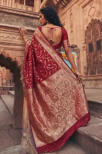Maroon banarasi silk saree with gold zari floral meenakari work