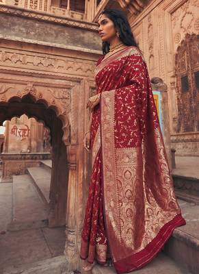 Maroon banarasi silk saree with gold zari floral meenakari work 3
