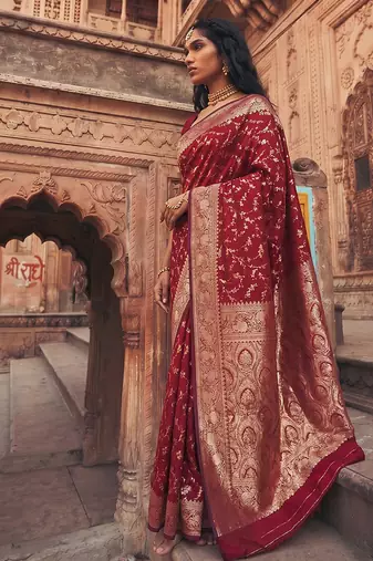 Maroon banarasi silk saree with gold zari floral meenakari work