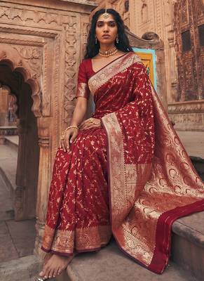 Maroon banarasi silk saree with gold zari floral meenakari work 4