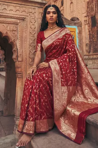 Maroon banarasi silk saree with gold zari floral meenakari work