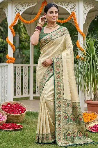 Cream banarasi silk blend saree with dark green zari woven border