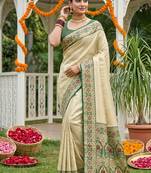 Cream banarasi silk blend saree with dark green zari woven border