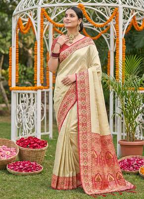 Cream banarasi silk blend saree with red zari woven border 1