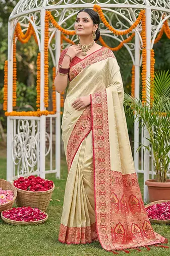 Cream banarasi silk blend saree with red zari woven border