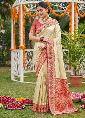 Cream banarasi silk blend saree with red zari woven border 3