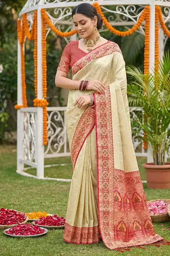 Cream banarasi silk blend saree with red zari woven border