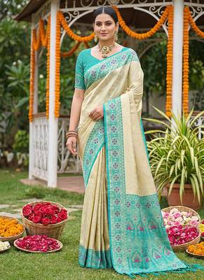 Cream banarasi silk blend saree with aqua blue zari woven border 1