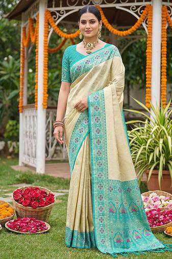 Cream banarasi silk blend saree with aqua blue zari woven border
