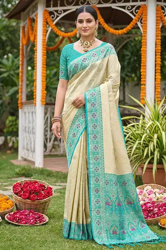 Cream banarasi silk blend saree with aqua blue zari woven border