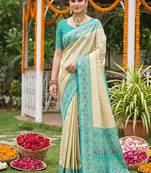 Cream banarasi silk blend saree with aqua blue zari woven border