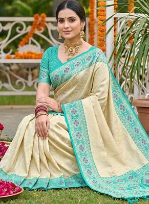 Cream banarasi silk blend saree with aqua blue zari woven border 3