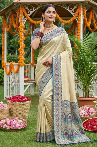 Cream banarasi silk blend saree with blue zari woven border