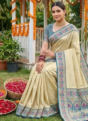 Cream banarasi silk blend saree with blue zari woven border 3