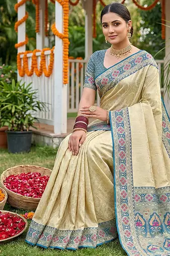 Cream banarasi silk blend saree with blue zari woven border