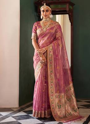 Onion pink tissue silk blend saree with paithani border and floral pallu 1
