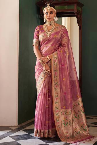 Onion pink tissue silk blend saree with paithani border and floral pallu