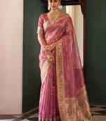Onion pink tissue silk blend saree with paithani border and floral pallu