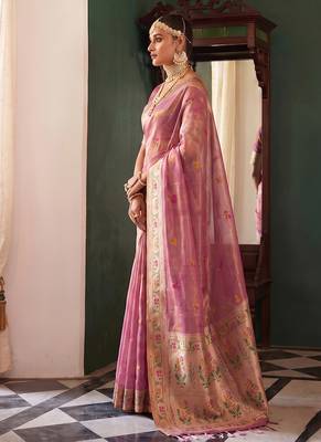 Onion pink tissue silk blend saree with paithani border and floral pallu 3