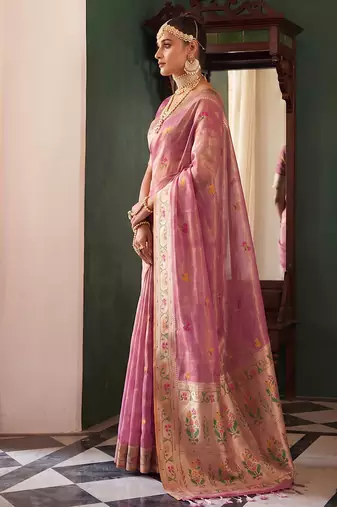 Onion pink tissue silk blend saree with paithani border and floral pallu