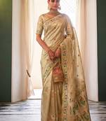 Cream tissue silk blend saree with paithani border and floral pallu