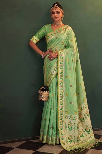 Light green tissue silk blend saree with paithani border and floral pallu