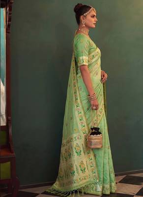 Light green tissue silk blend saree with paithani border and floral pallu 3