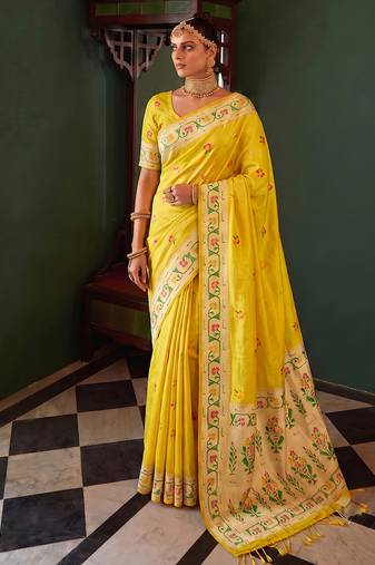 Mustard yellow tissue silk blend saree with paithani border and floral pallu