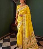 Mustard yellow tissue silk blend saree with paithani border and floral pallu