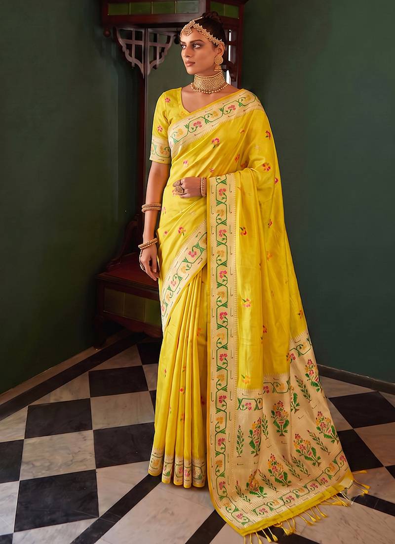 Mustard yellow tissue silk blend saree with paithani border and floral pallu