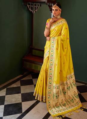 Mustard yellow tissue silk blend saree with paithani border and floral pallu 3
