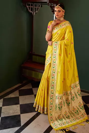 Mustard yellow tissue silk blend saree with paithani border and floral pallu