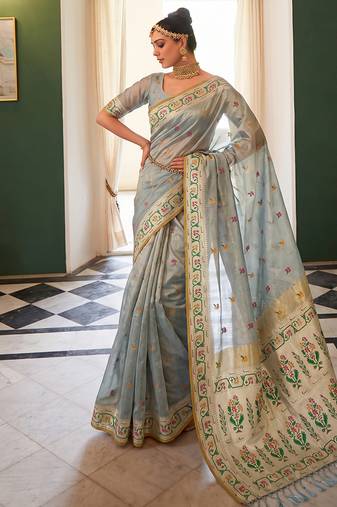 Grey tissue silk blend saree with paithani border and floral pallu