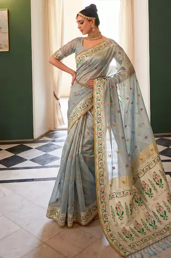 Grey tissue silk blend saree with paithani border and floral pallu