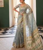 Grey tissue silk blend saree with paithani border and floral pallu