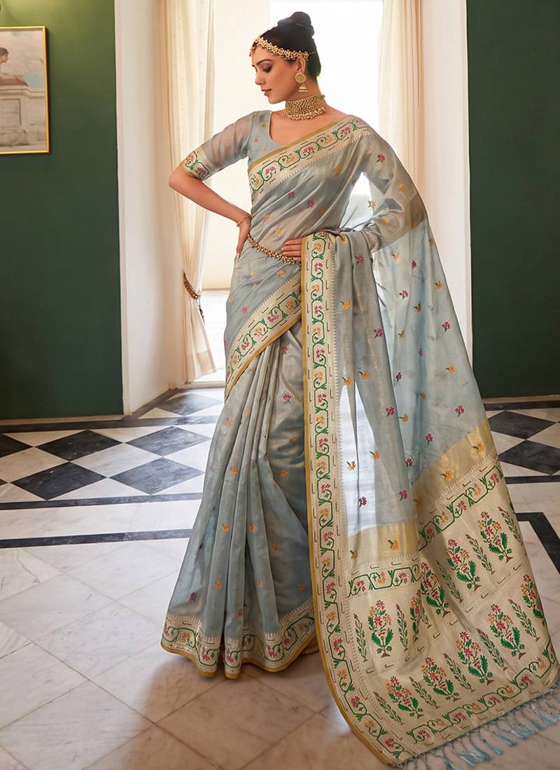 Grey tissue silk blend saree with paithani border and floral pallu