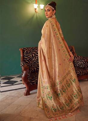 Peach tissue silk blend saree with paithani border and floral pallu 3