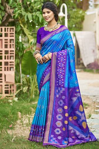 Sky blue & purple paithani silk blend saree with woven border