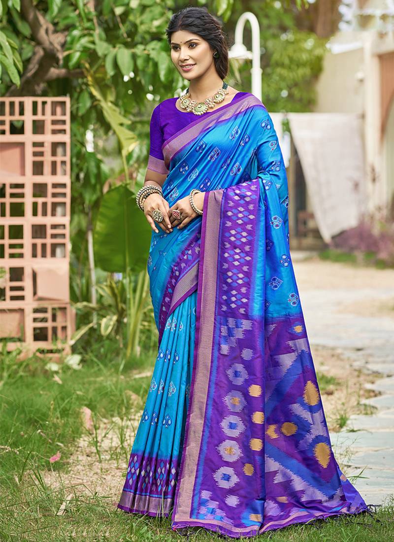 Sky blue & purple paithani silk blend saree with woven border