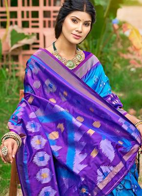 Sky blue & purple paithani silk blend saree with woven border 2