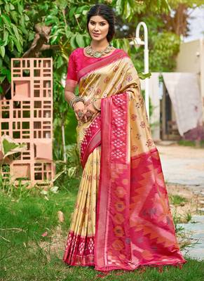 Beige & rani pink paithani silk blend saree with woven border 1