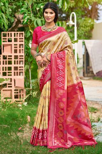 Beige & rani pink paithani silk blend saree with woven border
