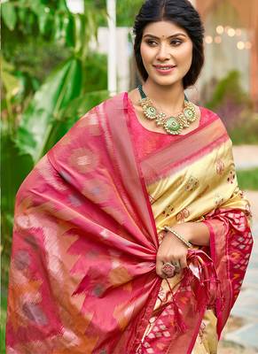 Beige & rani pink paithani silk blend saree with woven border 2