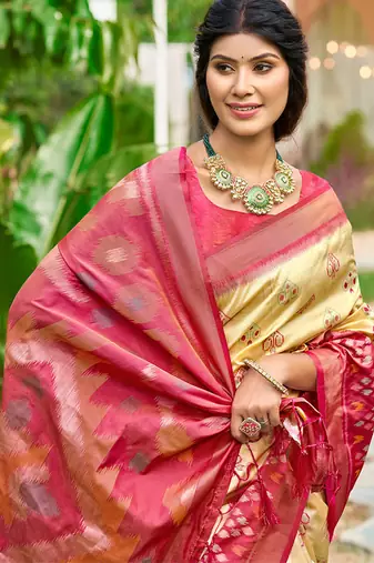 Beige & rani pink paithani silk blend saree with woven border