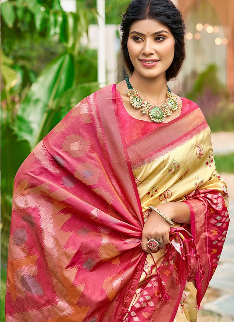Beige & rani pink paithani silk blend saree with woven border