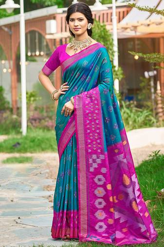 Teal blue & magenta paithani silk blend saree with woven border