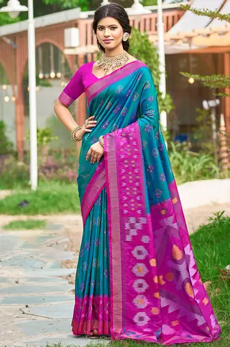 Teal blue & magenta paithani silk blend saree with woven border