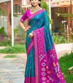 Teal blue & magenta paithani silk blend saree with woven border